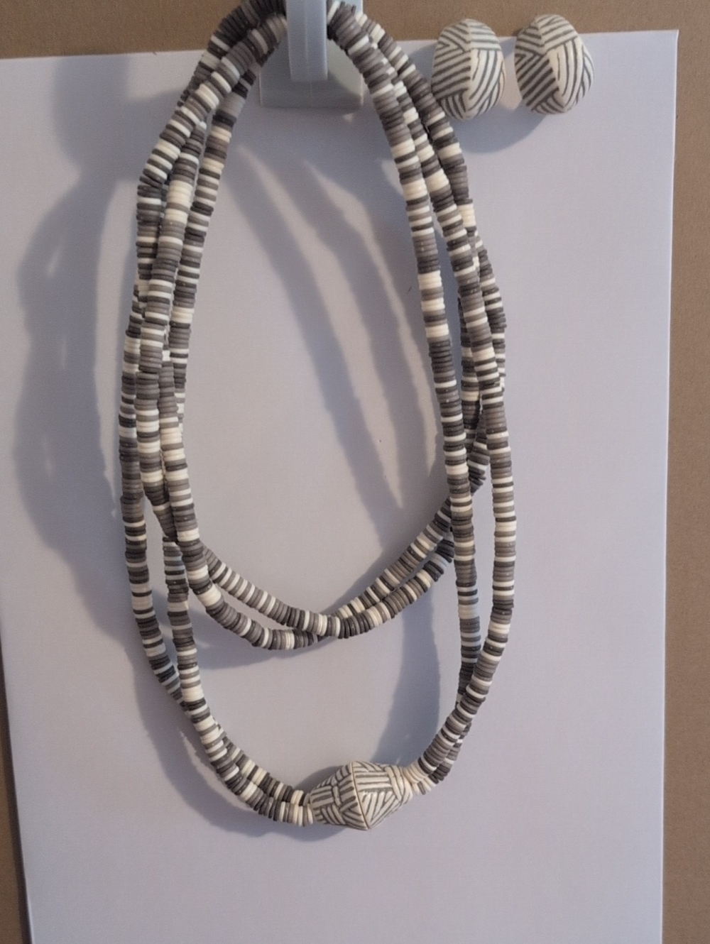 Handcrafted Gray and White Bead Necklace and Earring Set